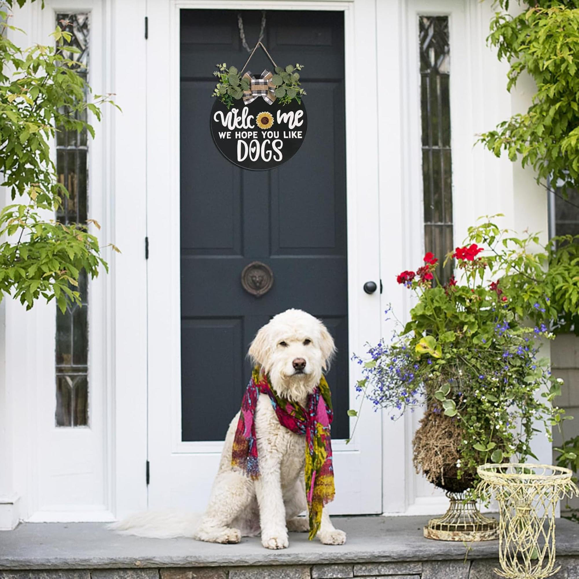The Holiday Aisle Interchangeable Wooden Seasonal Welcome Sign Rustic Round Dogs Sign Front Door Wreaths For Home Wall Porch Decor For Easter Spring Summer Fall Halloween Christmas All Season Decorati...